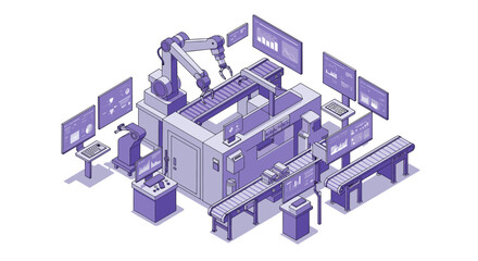 Poster - Isometric vector illustration of a high-tech industrial automation assembly line for factory management design