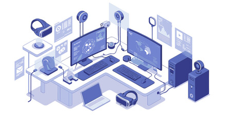 Poster - Futuristic workspace with technology devices vector illustration for digital design in isometric style