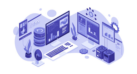 Poster - Isometric vector illustration of a modern digital workspace with data analytics and technology elements