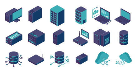 Poster - Isometric data center and networking vector illustration for technology and it design