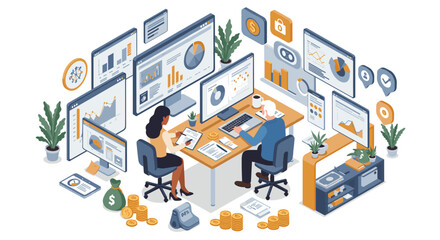 Poster - Financial data analysis office scene vector illustration with businesspeople in isometric design for corporate use