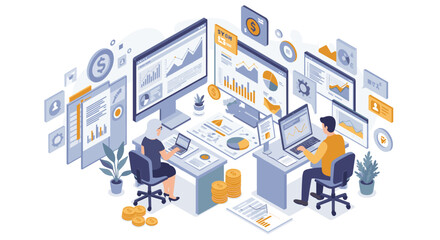 Poster - Business analytics and data analysis vector illustration in isometric style for digital marketing and financial reports