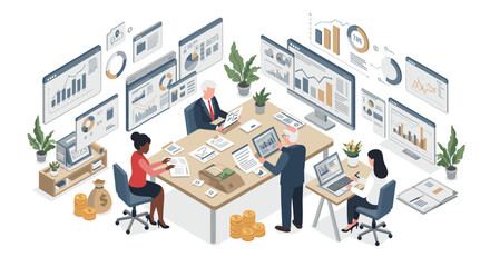 Poster - Business meeting and data analysis vector illustration for office posters and presentations in isometric style