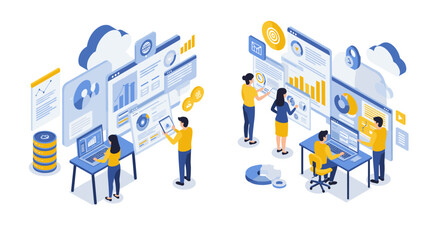Poster - Office teamwork and data analysis vector illustration - isometric business concept for digital marketing and analytics design