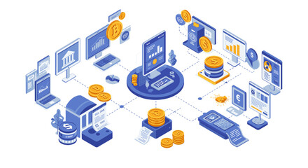 Poster - Isometric financial technology vector illustration: digital currency and banking solutions for modern financial management
