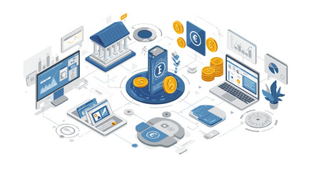 Poster - Financial technology innovations vector illustration: digital banking system in isometric style