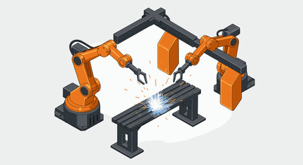 Poster - Industrial automation robot arms welding machine vector illustration for manufacturing and technology design