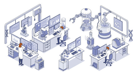 Poster - Isometric laboratory scene vector illustration for scientific research and technology design projects