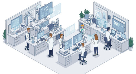 Poster - Advanced scientific laboratory with researchers analyzing data and experiments vector illustration in isometric design