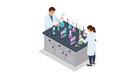Poster - Scientific laboratory experiment with researchers in isometric vector illustration for educational and research design