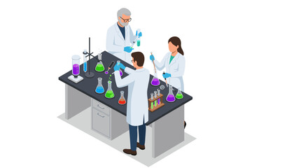Poster - Isometric vector illustration of scientists conducting experiments in a laboratory for scientific research design