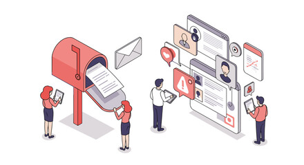 Poster - Isometric vector illustration of digital communication: mailbox and social media interface for modern connection concepts