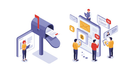 Poster - Isometric email and social media communication vector illustration for digital design