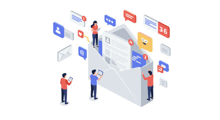 Poster - Email communication vector illustration with messages and notifications in isometric flat style for digital marketing design