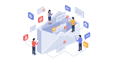 Poster - Digital communication concept vector illustration with people interacting through messages and emails in isometric style