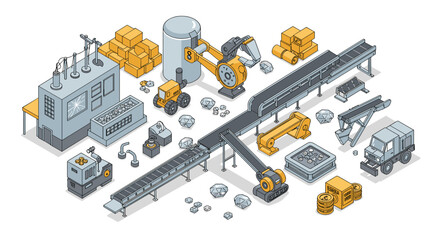 Poster - Isometric factory production line vector illustration for industrial design and automation concepts