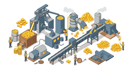 Poster - Isometric factory scene with workers and machines processing coins, vector illustration for industrial design