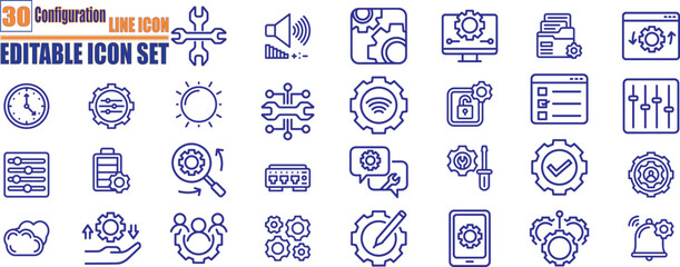 Settings and Setup thin line icons set. Configuration, option, settings, control icon.