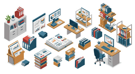 Poster - Modern office workspace isometric vector illustration for print or digital design