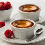 creme brulee on a white background. restaurant dessert. dessert with raspberries