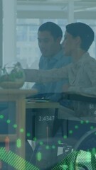 Aufkleber - Animation of graphs, diverse woman sitting on wheelchair discussing reports with coworker in office