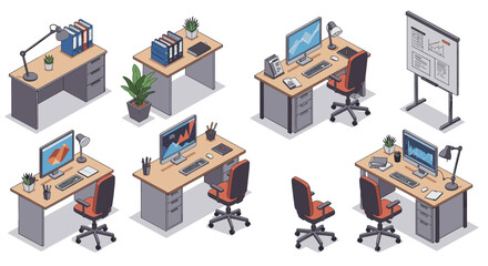 Poster - Modern office workspace with desks and computers vector illustration
