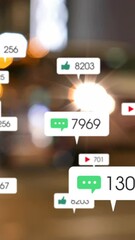 Poster - Animation of notification icons with increasing numbers over people walking in illuminated city