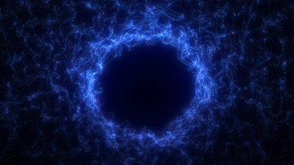 Poster - Radiant electric-blue energy portal swirling inward with symmetrical light strands and glowing edges