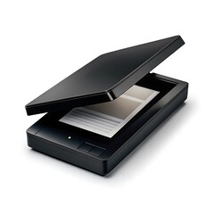 Poster - Modern black flatbed scanner with document inside isolated on white background