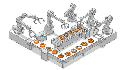 Poster - Automated robotics in bakery: isometric vector illustration of bread production line
