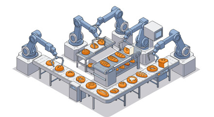 Poster - Robotic bakery production line vector illustration for industrial automation design