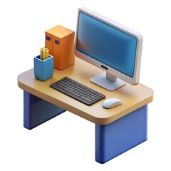 Fototapete - Stylized 3d computer desk setup with monitor keyboard and mouse isolated on white background