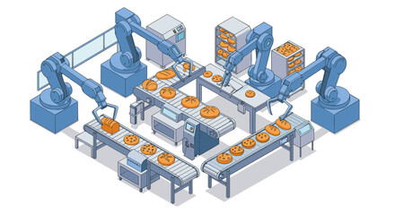Poster - Robotic automation in food industry vector illustration for manufacturing and technology design