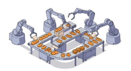 Poster - Automated bakery production line vector illustration – industrial robots in food processing design