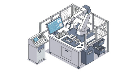 Poster - Isometric vector illustration of industrial robotics workstation for manufacturing design