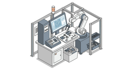 Poster - Industrial automation with robotic arm and control panel vector illustration for technology and engineering design