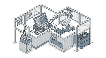 Poster - Innovative industrial robotics in modern factory - isometric vector illustration for automation design
