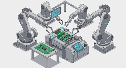 Poster - Isometric vector illustration of industrial robotics and automation for innovative technology design