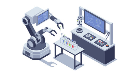 Poster - Isometric vector illustration of robotic arms in scientific laboratory for innovation and technology design