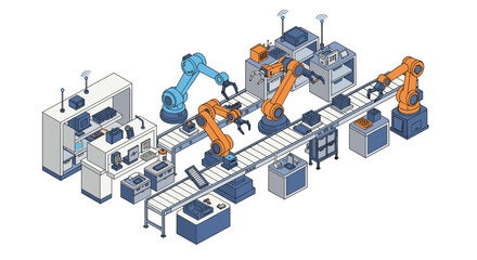 Poster - Isometric factory automation scene with robotic arms and conveyor system vector illustration