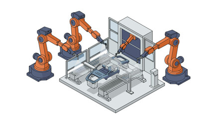 Poster - Automated car production line isometric vector illustration for industrial design and manufacturing concepts