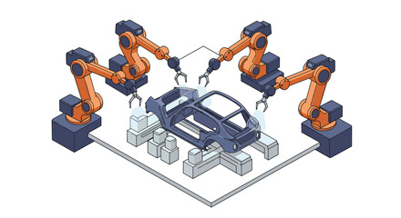 Poster - Robotic automation in car manufacturing vector illustration in isometric style for engineering and technology design