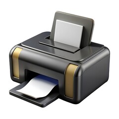 Poster - Modern dark gray printer with gold accents printing paper isolated on white background