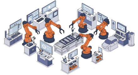 Poster - Isometric vector illustration of an automated factory with robotic arms for manufacturing and technology design