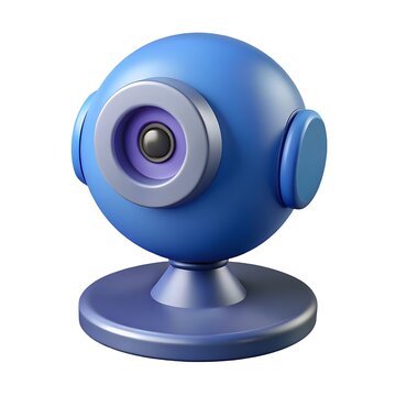 Blue cartoonish web camera with a round lens and stand isolated on white background