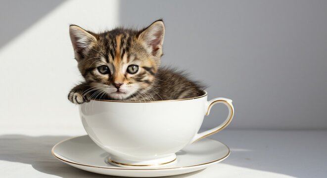 小さな猫 茶色の毛 ふわふわの体 温かい日光浴びる 陶器のカップ 安心感 This translates roughly to: 
