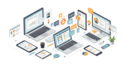 Fototapete - Office workspace technology with devices and graphs vector illustration in modern flat style