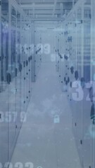 Poster - Animation of changing numbers and network of digital icons against light spot over server room