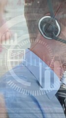 Poster - Animation of statistics and data processing over business people using phone headsets