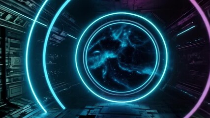 Poster - Neon circles glow in a dark, futuristic tunnel, creating an abstract scifi background